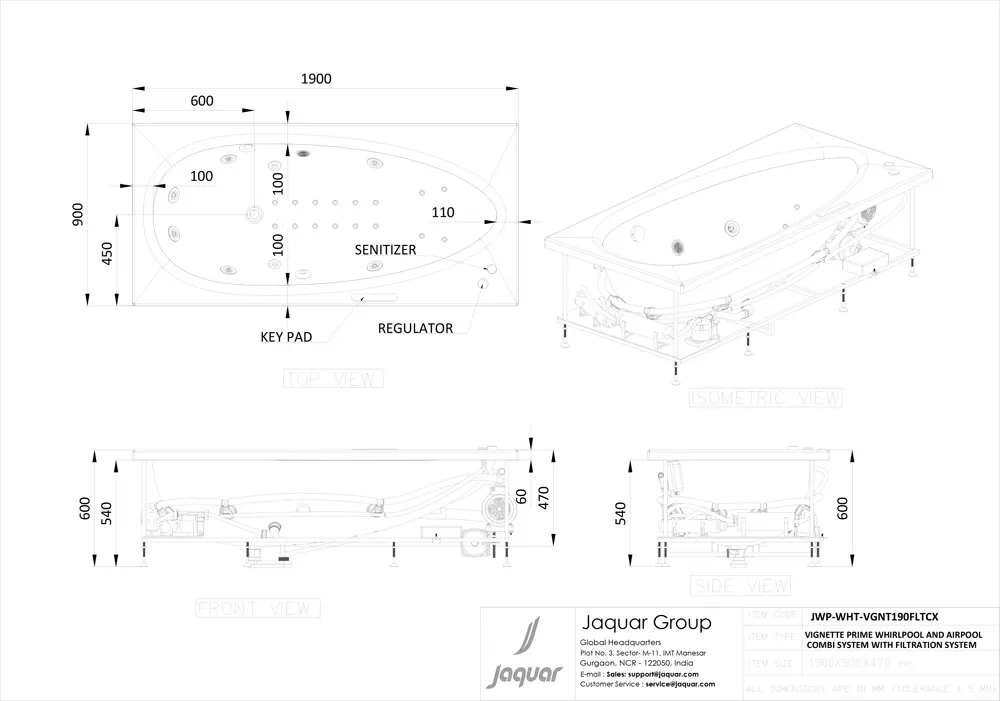 Jaquar Vignette Prime Whirlpool & Airpool Combi Bathtub with Trigiene Filtration, 1900 x 900 x 470 mm JWP-WHT-VGNT190FLTCX Standard - image 2
