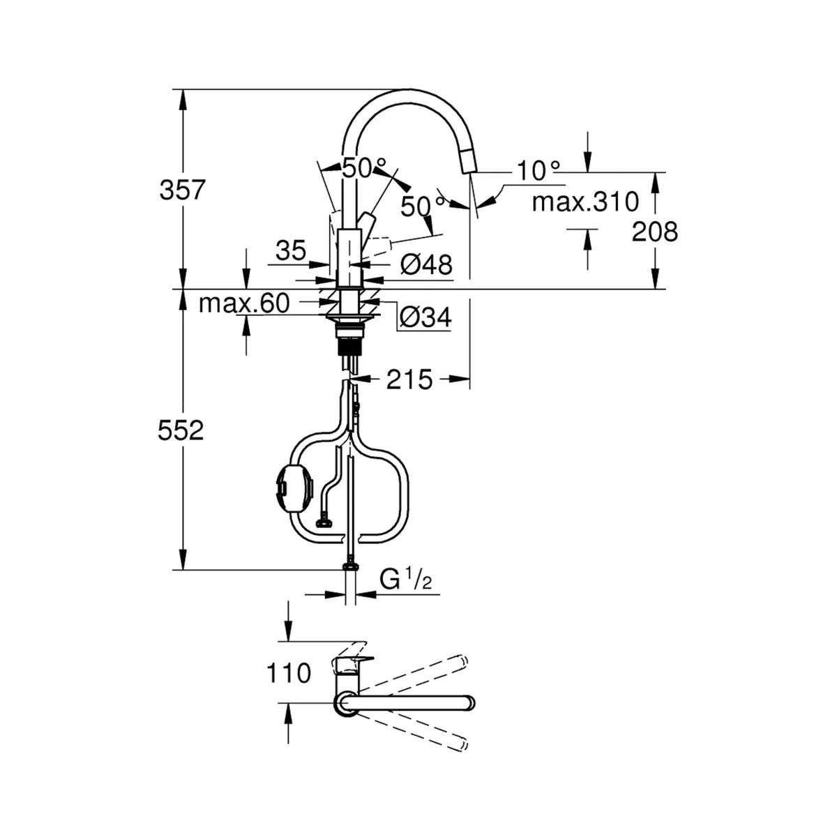 Grohe table mounted regular kitchen sink mixer startedge 30551000 with extractable hand shower spout in chrome finish 30551000 Standard - image 5