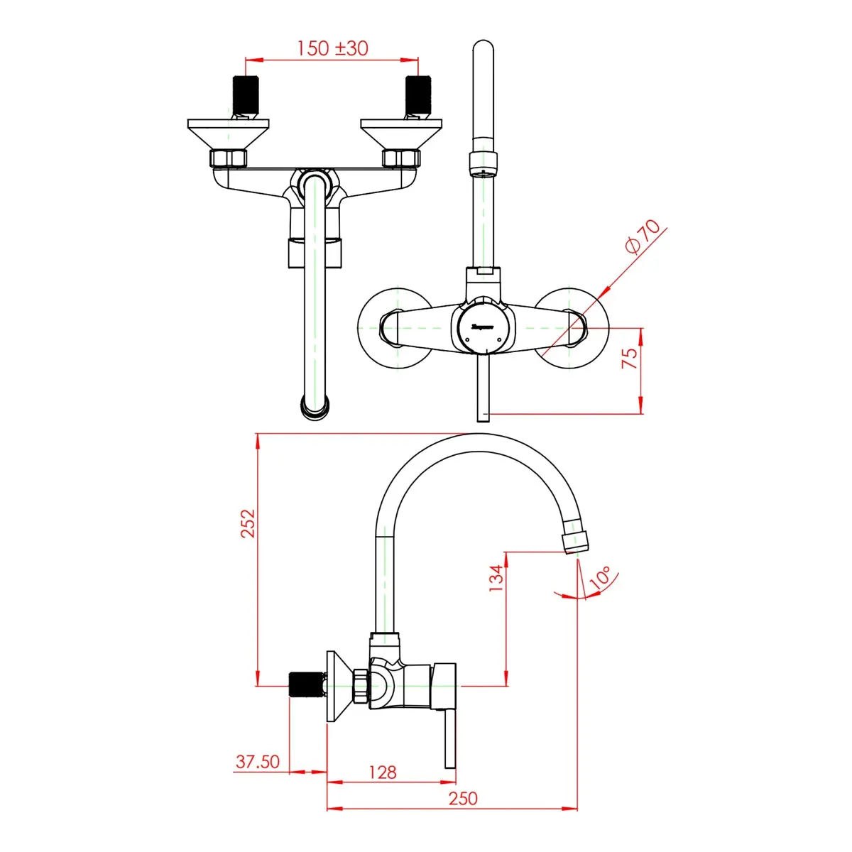 Parryware wall mounted regular kitchen sink mixer agate pro G061XA1 with swinging spout chrome finish G061XA1 Standard - image 2