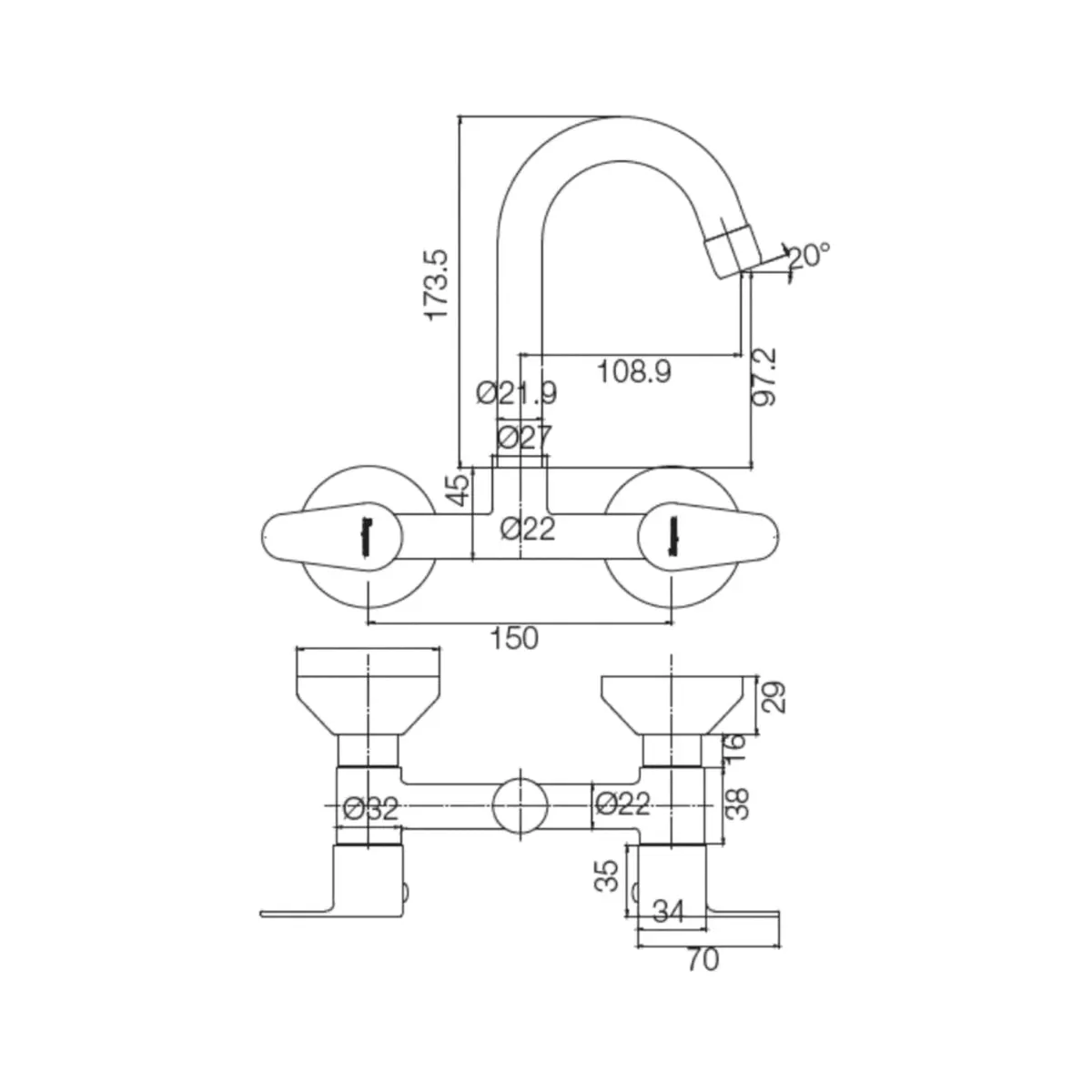 Parryware wall mounted regular kitchen sink mixer uno T5035A1 with swinging spout in chrome finish T5035A1 Standard - image 2