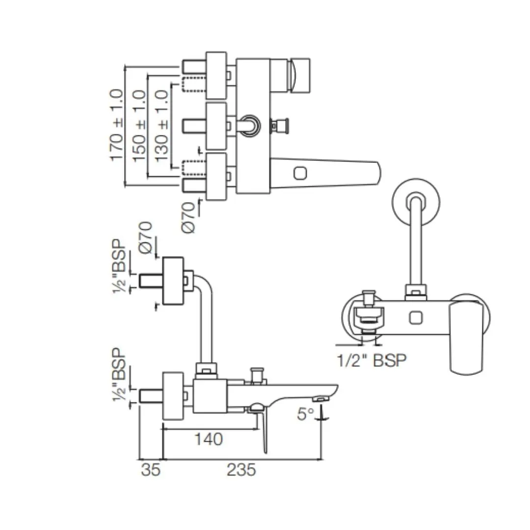 Jaquar 3 way wall mixer Kubix Prime normal flow KUP-ABR-35125PM Antique Bronze - image 2