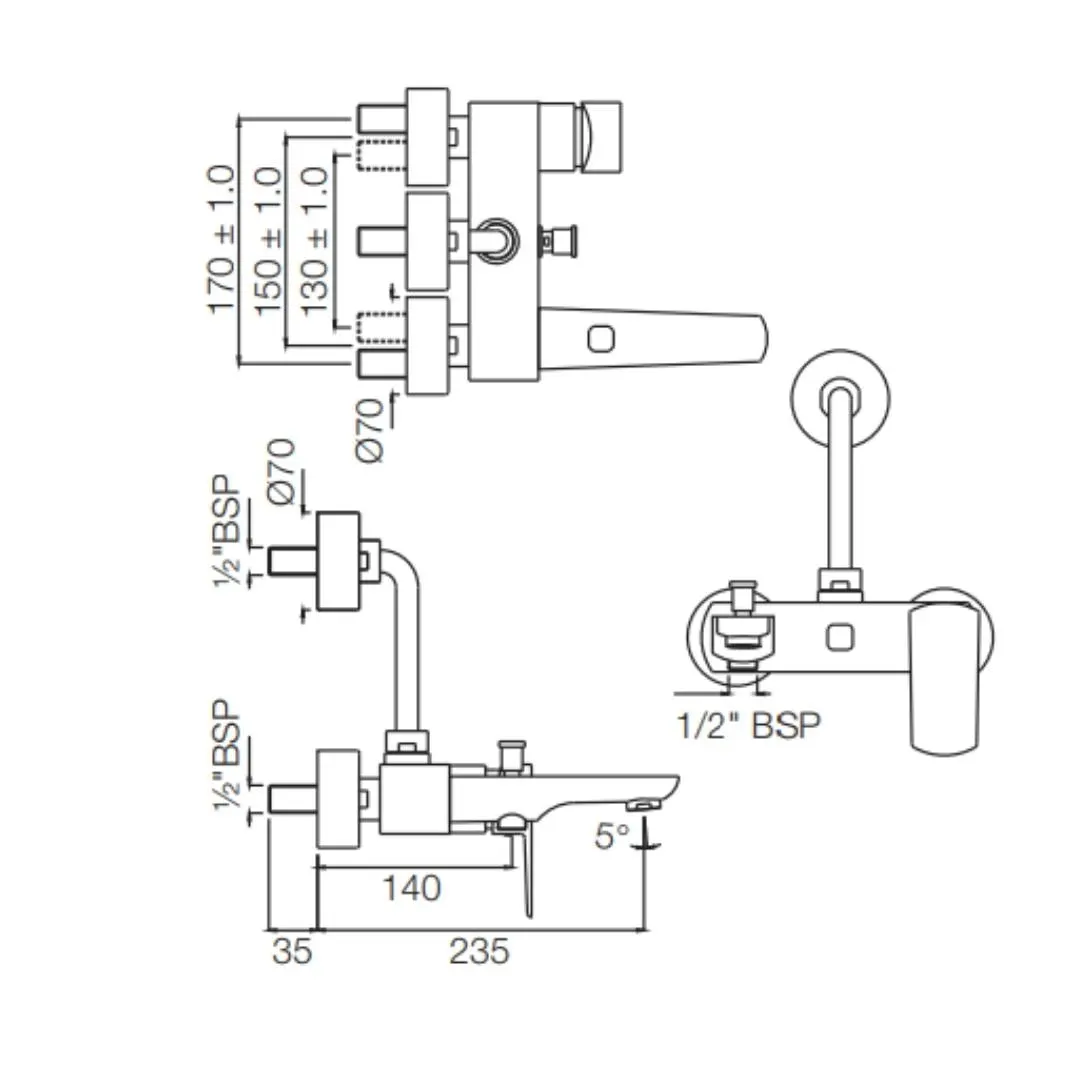 Jaquar 3 way wall mixer Kubix Prime normal flow KUP-BCH-35125PM Black Chrome - image 2