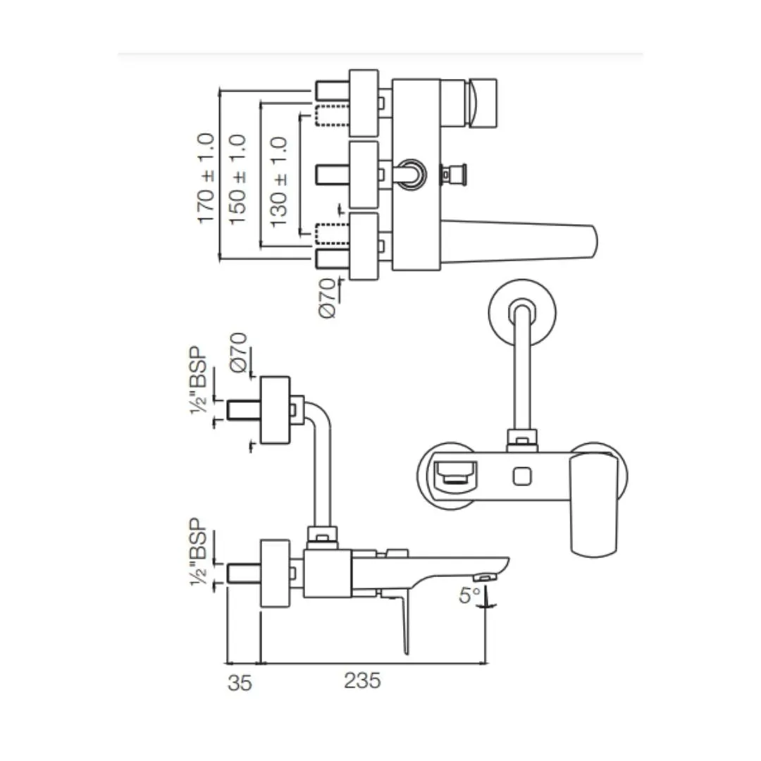 Jaquar 2 way wall mixer Kubix Prime normal flow KUP-GRF-35117PM Graphite - image 2