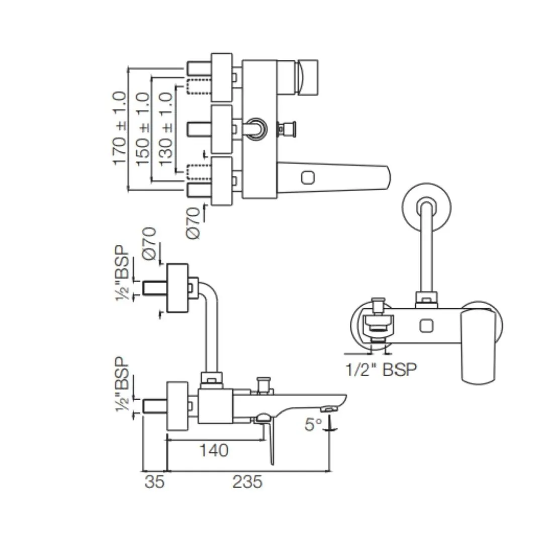 Jaquar 3 way wall mixer Kubix Prime normal flow KUP-GRF-35125PM Graphite - image 2