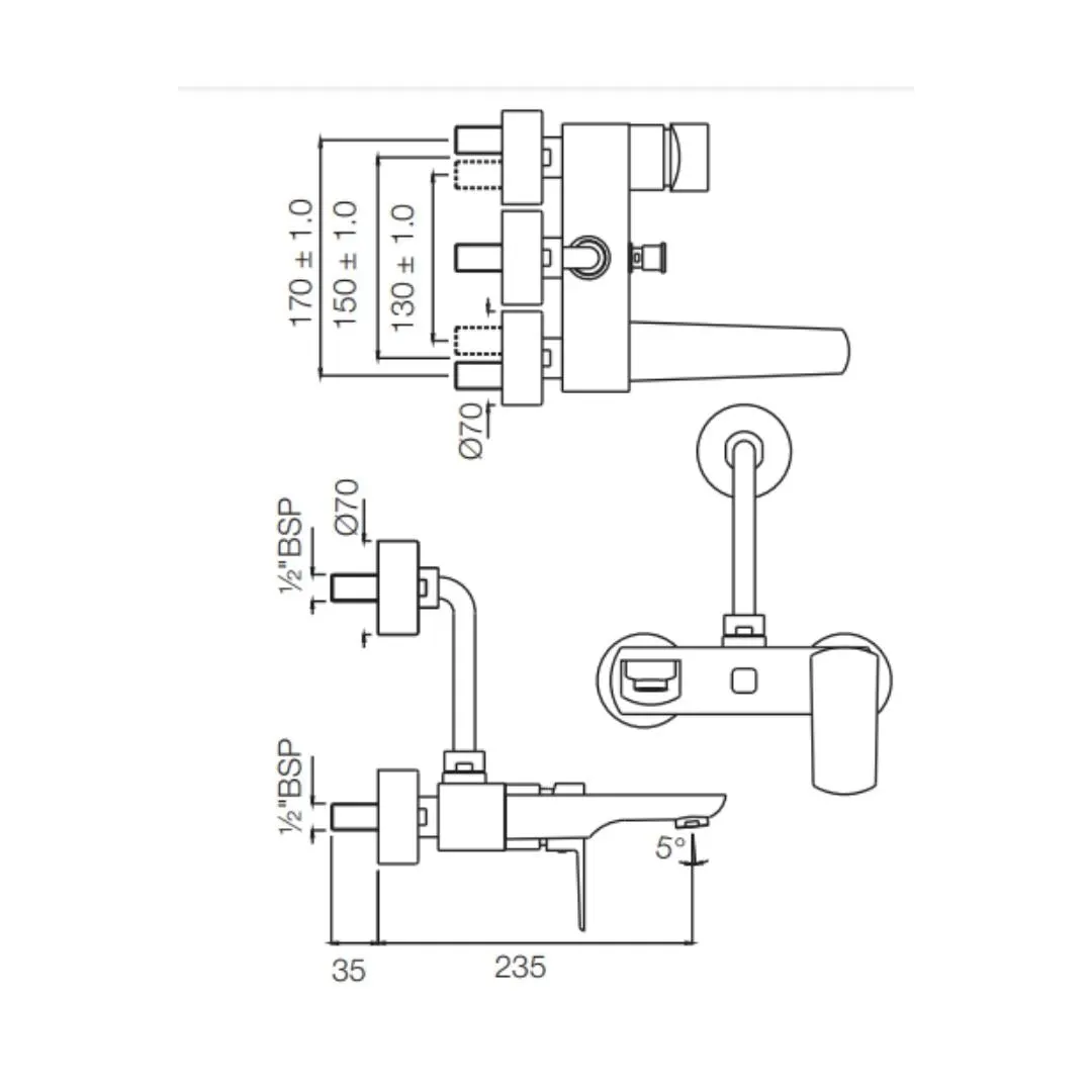 Jaquar 2 way wall mixer Kubix Prime normal flow KUP-SSF-35117PM Stainless Steel - image 2