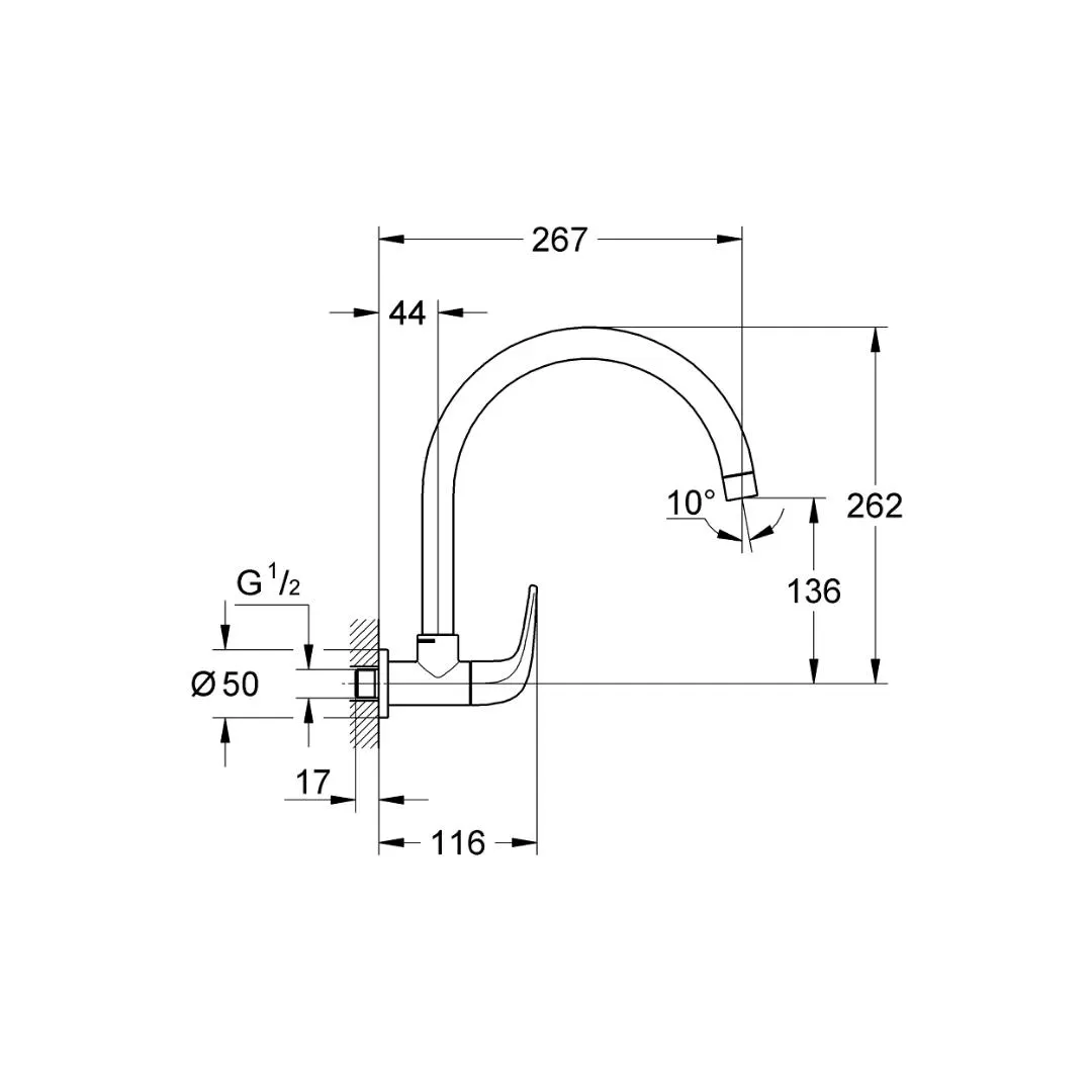 Grohe wall mounted regular kitchen sink tap baucurve 31226000 with swinging spout in chrome finish 31226000 Standard - image 2
