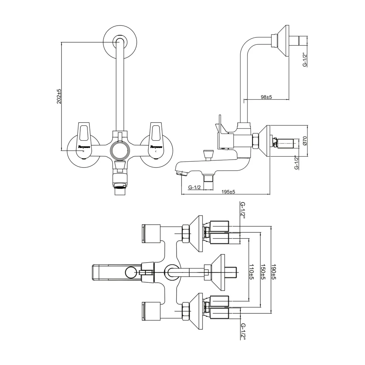 Parryware 3 way wall mixer espirion T7217A1 T7217A1 Chrome - image 2