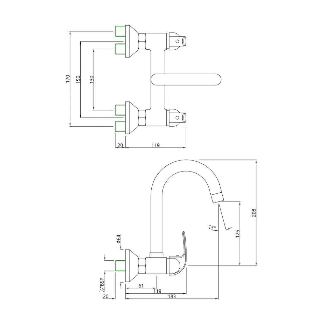 Essco wall mounted regular kitchen sink mixer Orbit ORB-105309 with swinging spout in chrome finish ORB-105309 Standard - image 2