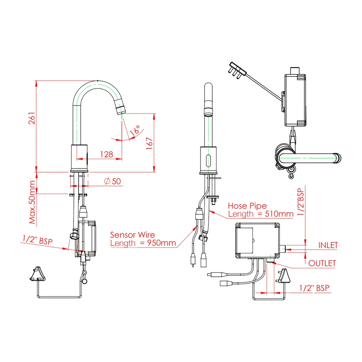 Parryware table mounted tall boy sensor basin tap e-taps G541UA1 - chrome G541UA1 Standard - image 2