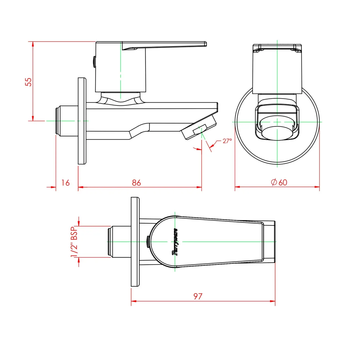 Parryware wc area bib tap praseo T1370A1 T1370A1 Chrome - image 2